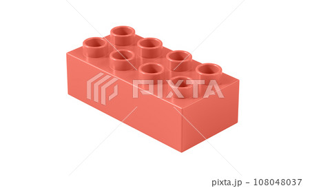 Coral Plastic Lego Block Isolated on a White Background. Children Toy Brick, Perspective View. Close Up View of a Game Block for Constructors. 3d Rendering. 8K Ultra HD, 7680x4320, 300 dpi 108048037