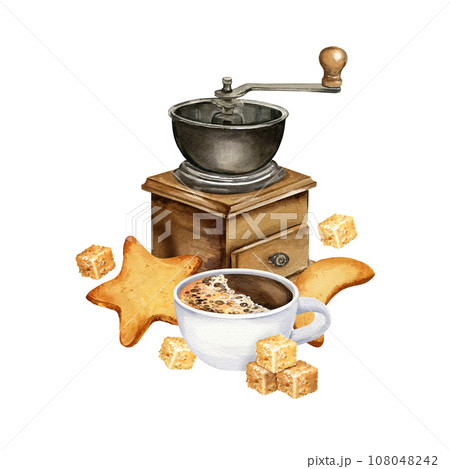 watercolor composition of coffee theme with coffee mull, cookies, cup of espresso and brown sugar cubs, hand drawn illustration isolated on white background watercolor composition of coffee theme with coffee mull, cookies, cup of espresso and brown sugar cubs, hand drawn illustration isolated on white background 108048242