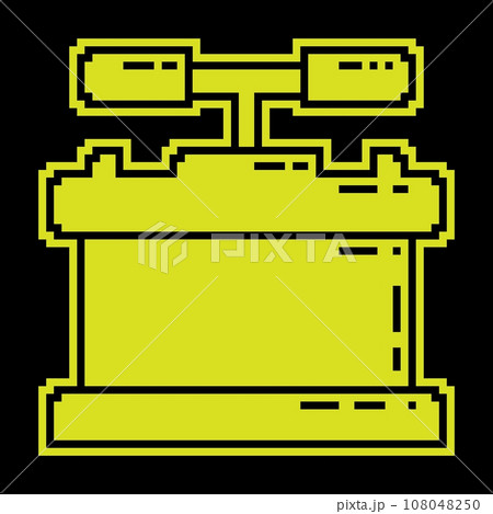 Pixel silhouette icon. Box with handles for detonating dynamite charge at mining site. Equipment for pyrotechnics. Simple black and yellow vector isolated 108048250