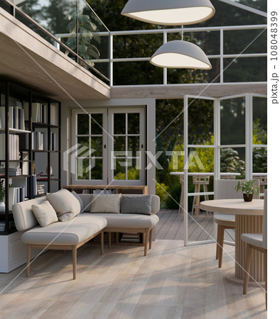 A beautiful, Scandinavian living room with a glass ceiling and window, and deck with garden. A beautiful, Scandinavian living room with a glass ceiling and window, and deck with garden. 108048399