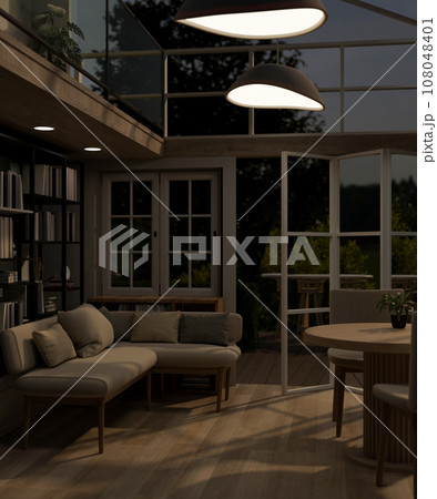 A beautiful, Scandinavian living room at night with glass ceiling and window, and deck with garden. A beautiful, Scandinavian living room at night with glass ceiling and window, and deck with garden. 108048401