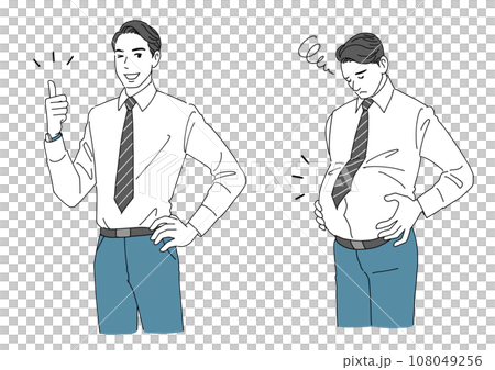 ポッコリお腹で悩む男性と痩せて嬉しい男性 108049256