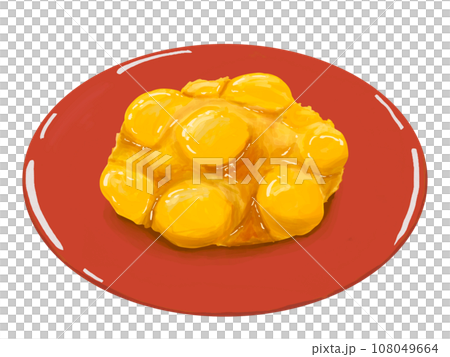 栗きんとん　栗　きんとん　おせち　正月　お正月　謹賀新年　年賀状　縁起物　イラスト　年賀　皿　赤　漆 108049664