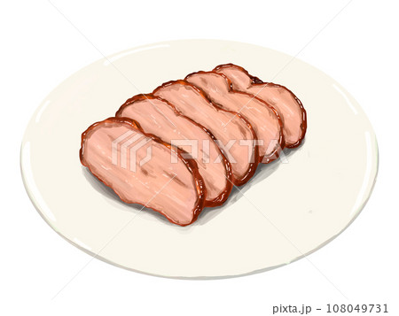 焼き豚　焼豚　叉焼　おせち　正月　お正月　謹賀新年　年賀状　縁起物　イラスト　年賀　皿　白皿 108049731