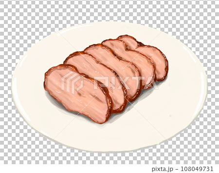 焼き豚　焼豚　叉焼　おせち　正月　お正月　謹賀新年　年賀状　縁起物　イラスト　年賀　皿　白皿 108049731