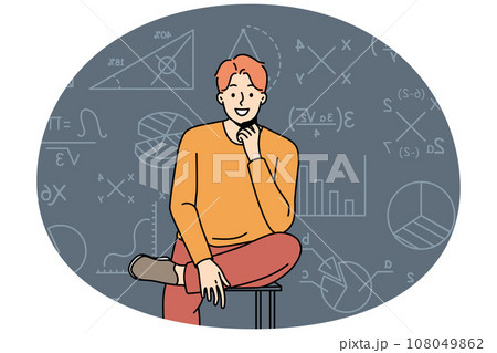 Smiling man sit near board with math formula 108049862
