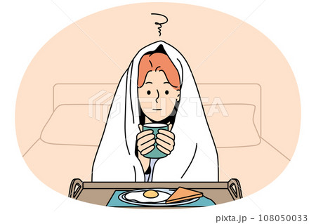 Woman in blanket feel cold drink warm tea 108050033