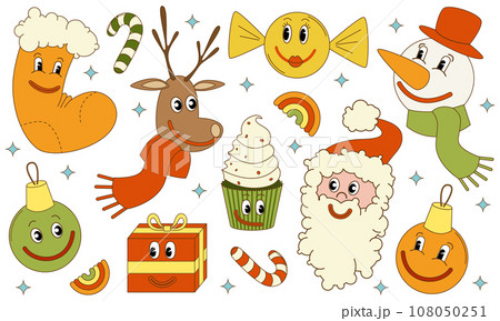 Set of Christmas characters. Santa, deer, snowman. Vector illustration  108050251