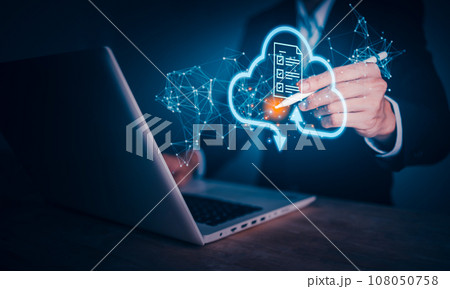 Cloud connection computing technology concept with businessman use laptop (Notebook). Data transfer on social network, Server and storage, Internet security, Big data analytics, Business intelligence Cloud connection computing technology concept with businessman use laptop (Notebook). Data transfer on social network, Server and storage, Internet security, Big data analytics, Business intelligence 108050758