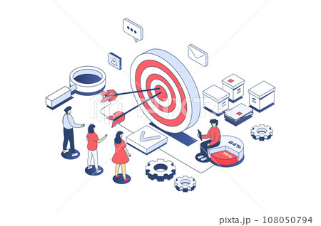 Target audience concept in 3d isometric design. Business team studying customer focus group, creating advertising for attract clients. Vector illustration with isometry people scene for web graphic 108050794
