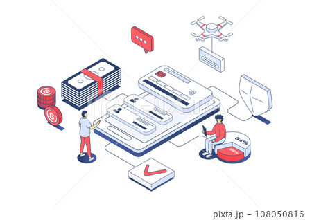 Mobile wallet app concept in 3d isometric design. Clients managing personal financial credit cards and accounts in online banking. Vector illustration with isometry people scene for web graphic Mobile wallet app concept in 3d isometric design. Clients managing personal financial credit cards and accounts in online banking. Vector illustration with isometry people scene for web graphic 108050816