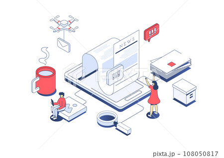 Mobile news concept in 3d isometric design. Man and woman reading breaking news and articles at online press using mobile applications. Vector illustration with isometry people scene for web graphic Mobile news concept in 3d isometric design. Man and woman reading breaking news and articles at online press using mobile applications. Vector illustration with isometry people scene for web graphic 108050817
