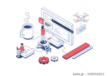 Website creating concept in 3d isometric design. Developers prototyping and coding, designing page layout and homepage user interface. Vector illustration with isometry people scene for web graphic 108050823