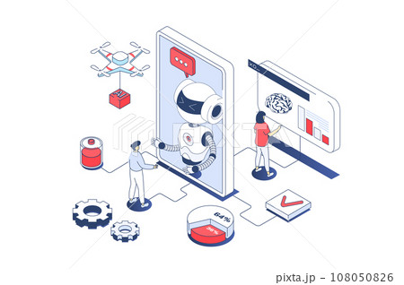 Artificial intelligence concept in 3d isometric design. Engineers working with ai robots, machine learning and programming digital brain. Vector illustration with isometry people scene for web graphic 108050826