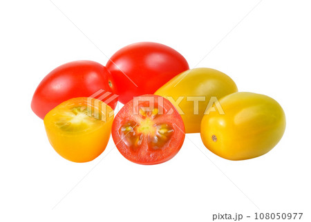 red and yellow tomatoes on white background 108050977