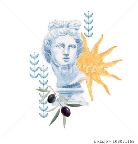 Beautiful composition with antique statue head bust of the Greek goddess Aphrodite. Stock clipart watercolor hand drawn illustration. Beautiful composition with antique statue head bust of the Greek goddess Aphrodite. Stock clipart watercolor hand drawn illustration. 108051168