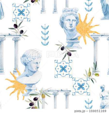 Beautiful seamless pattern with antique statue head bust of the Greek goddess Aphrodite and olives sun columns . Stock clipart watercolor hand drawn illustration. 108051169