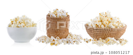 popcorn in basket and bowl isolated on white 108051217