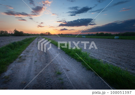 Dirt road and plowed fields with evening sky, view on a spring day 108051397