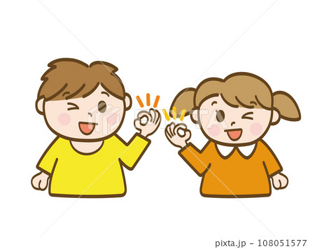 OKサインを出してウインクする男の子と女の子_小学生低学年_幼児 OKサインを出してウインクする男の子と女の子_小学生低学年_幼児 108051577
