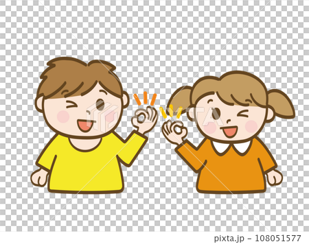OKサインを出してウインクする男の子と女の子_小学生低学年_幼児 OKサインを出してウインクする男の子と女の子_小学生低学年_幼児 108051577