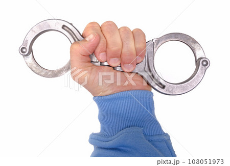Modern strong handcuffs isolated on white Modern strong handcuffs isolated on white 108051973