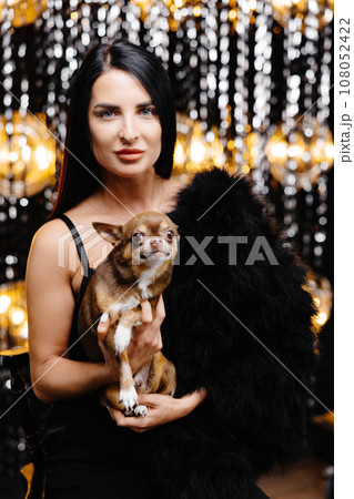 Young beautiful smiling brunette female in trendy evening clothes holding her litlle dog in her hands. Carefree woman posing near shiny tinsel wall in studio with dog. Young beautiful smiling brunette female in trendy evening clothes holding her litlle dog in her hands. Carefree woman posing near shiny tinsel wall in studio with dog. 108052422