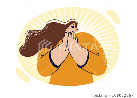 Frightened woman covers mouth with hand, demonstrating fear and apprehension due to previous mistake Frightened woman covers mouth with hand, demonstrating fear and apprehension due to previous mistake 108052867
