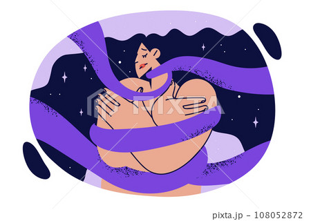 Sleeping woman floating in starry sky and wrapped in ribbon, for concept of night travel in dreams 108052872