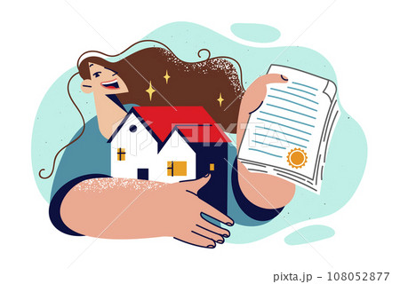 Woman become owner of house, holds certificate of ownership and miniature model of cottage 108052877