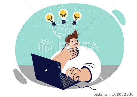 Boy using laptop comes up with ideas for topics for essay at school, with light bulbs above head 108052930