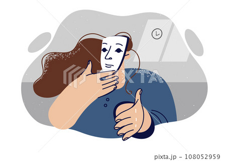 Woman in mask reaches out hand wanting to say hello and make deal, for concept scam or deception 108052959