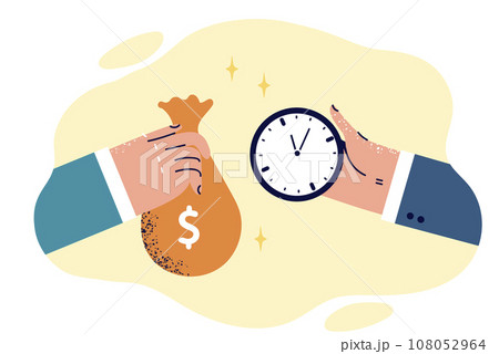 Hands of people with bag of money and watch as metaphor for exchange of time for salary Hands of people with bag of money and watch as metaphor for exchange of time for salary 108052964