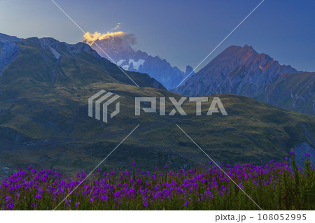 Landscape near Col du Petit-Saint-Bernard with Mont Blanc, on border France and Italy 108052995