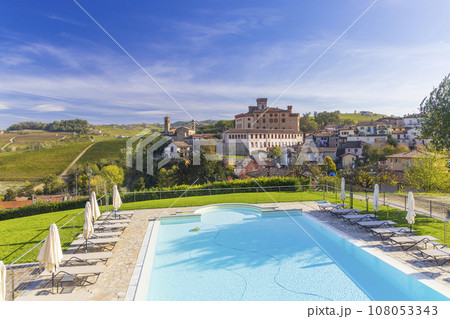 Castle and town with vineyard in Barolo, Langhe region, Piedmont, Italy 108053343