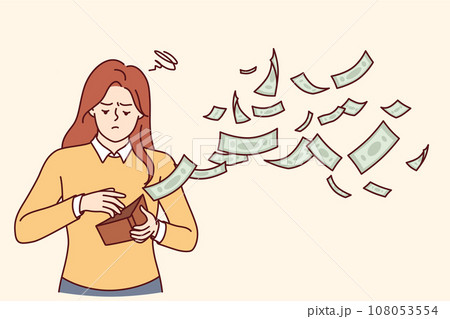 Woman is sad because money flying out of wallet, symbolizing unplanned expenses or interest on loan 108053554