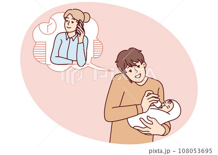 Father feeding baby talk with wife in office 108053695
