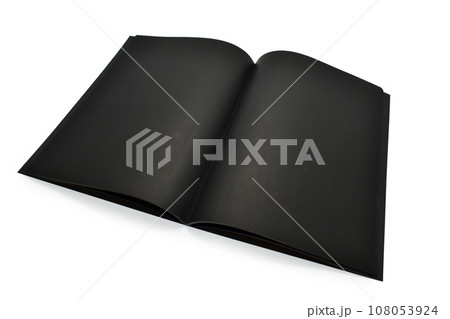 blank open black notebook isolated on white background, craft paper texture 108053924