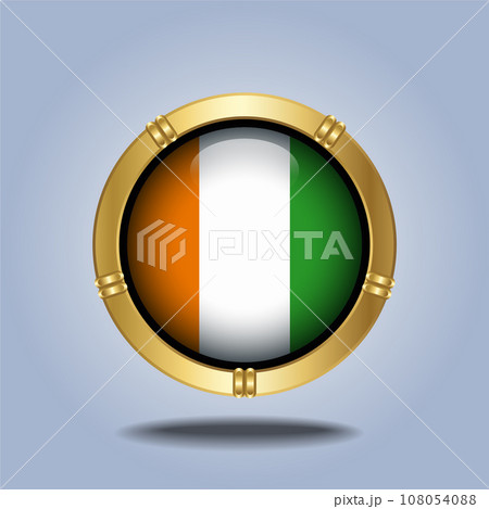 Cote D'Ivoire flag. Round glossy. Gold  frame. Isolated on color gradient background 108054088