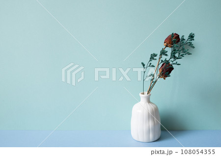 White vase of dry rose flower on blue table. mint green background 108054355