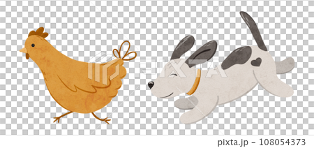 Cute poppy chases the chicken. Digital hand drawn illustration with little Dog and poultry farm animal for textile design, education, baby shower, children prints. Drawing of character in cartoon 108054373