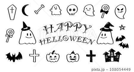 イラスト素材：手書きのシンプルなかわいいハロウィンのイラストセット	 108054449