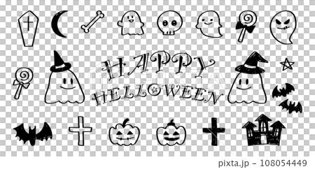 イラスト素材：手書きのシンプルなかわいいハロウィンのイラストセット	 108054449