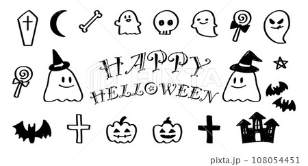 イラスト素材：手書きのシンプルなかわいいハロウィンのイラストセット	 108054451