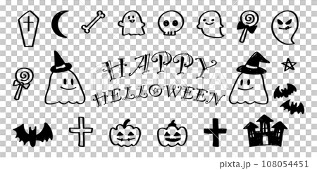 イラスト素材：手書きのシンプルなかわいいハロウィンのイラストセット	 108054451