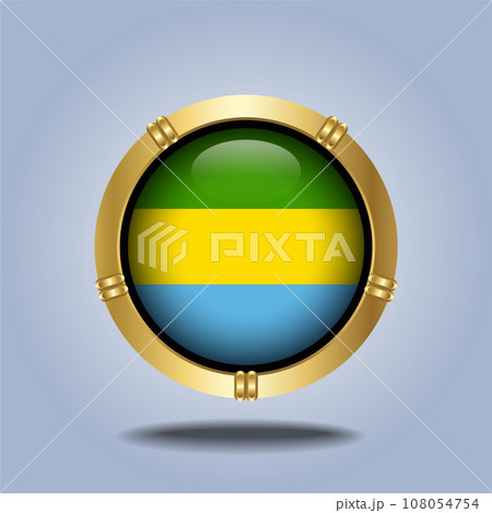 Gabon flag. Round glossy. Gold  frame. Isolated on color gradient background 108054754
