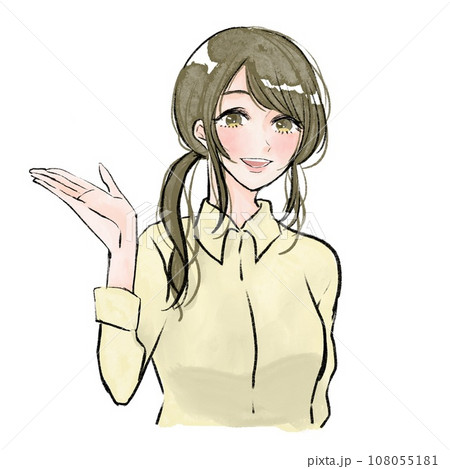 こちらへどうぞと手を示す女性のイラストのイラスト素材 [108055181