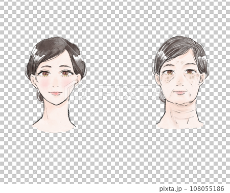 Illustration of a woman showing the difference between aging and rejuvenation Illustration of a woman showing the difference between aging and rejuvenation 108055186
