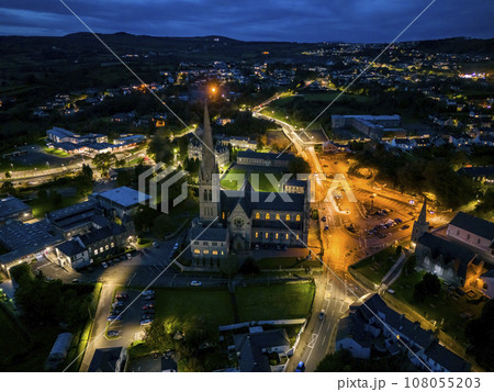 Aerial night view of St Eunans Cathedral in Letterkenny, County Donegal, Ireland 108055203