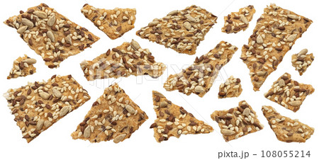 Broken crispbread, whole grain crackers with flax seeds isolated on white background 108055214